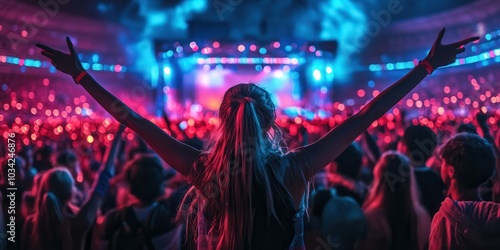 Excited crowd at a vibrant concert with colorful lights, capturing the energetic atmosphere and joyful celebration of live music performance.