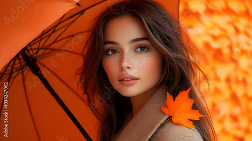 A Beautiful Woman with Long Hair Holding an Umbrella Against a Soft Background: Capturing Grace and Elegance in a Moment of Serenity, Perfect for Fashion and Lifestyle Themes! 