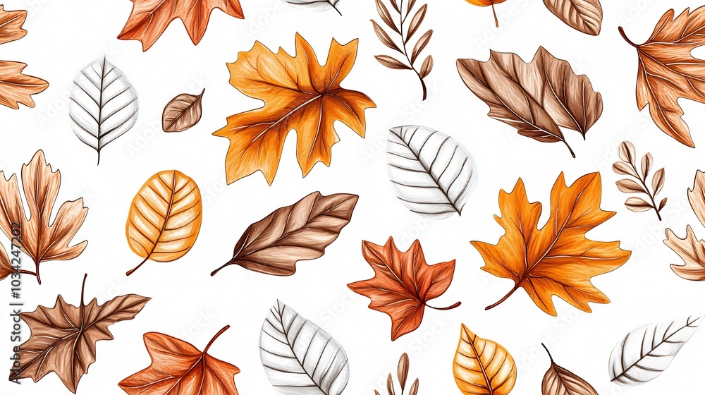 Obraz premium A colorful arrangement of various autumn leaves in shades of orange, brown, and white, set against a clean backdrop.