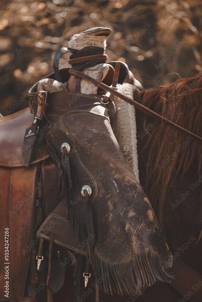 closeup of rustic western saddle on horse with saddle horn and leather chaps hanging over the side closeup of rustic western saddle on horse with saddle horn and leather chaps hanging over the side