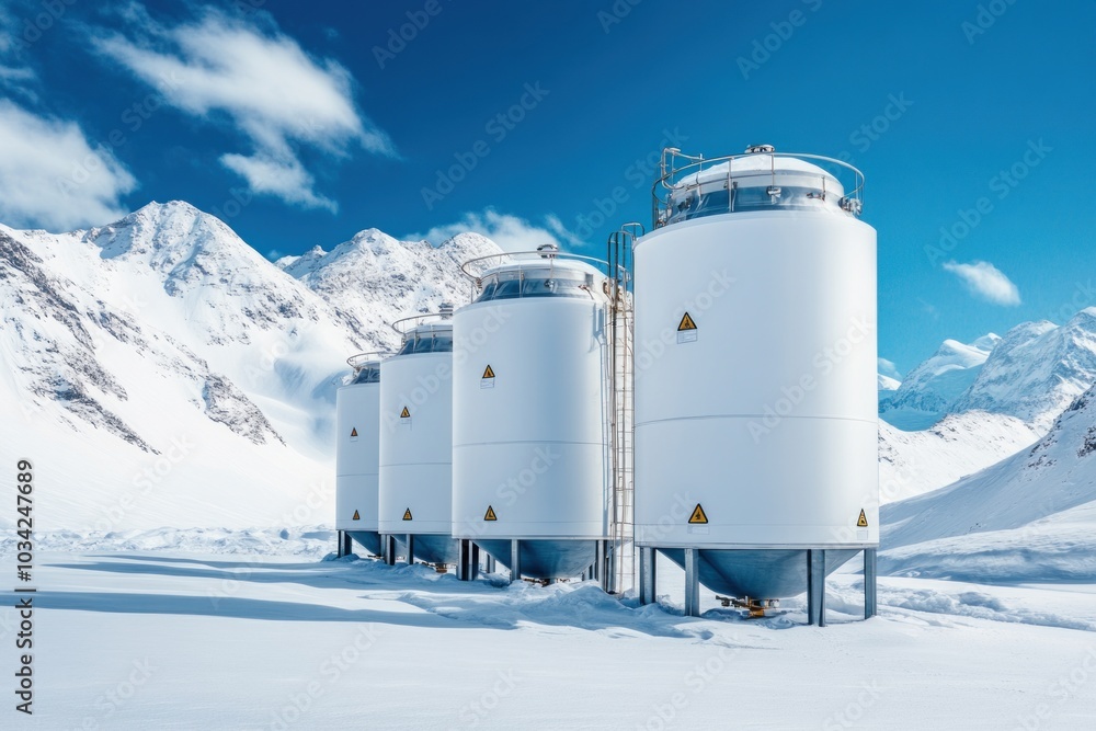 Obraz premium Modern industrial storage solutions in a snow-covered mountain landscape a glimpse into advanced technology and nature's beauty