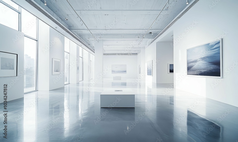 Minimalist gallery with art and polished floor. Minimalist gallery with art and polished floor.