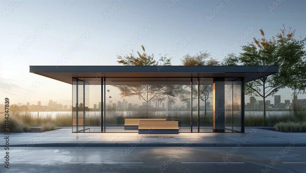 A minimalist glass and steel bus stop with a bench on the side of an urban park, overlooking water.