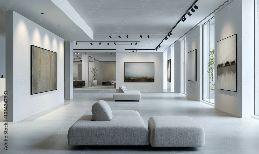 Minimalist gallery with artwork and seating. Minimalist gallery with artwork and seating.