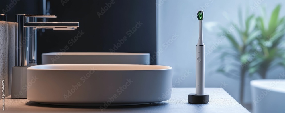 Obraz premium Modern bathroom with sink and electric toothbrush.