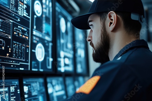 A focused operator analyzing data on advanced technological displays in a modern control room environment