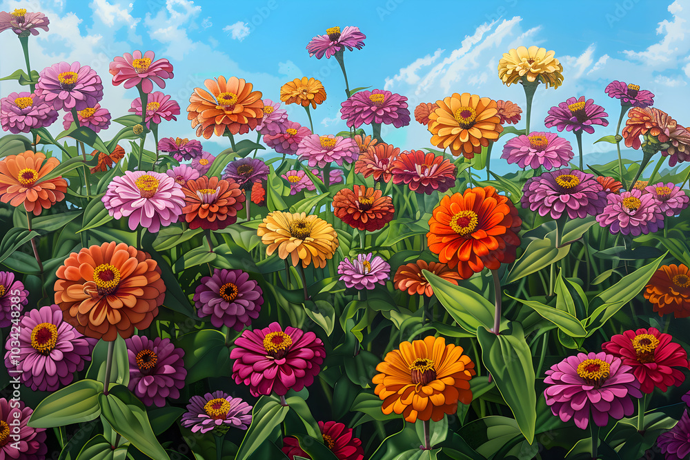 Vibrant Zinnia Field in Full Bloom Under Clear Blue Sky Drawing Vibrant Zinnia Field in Full Bloom Under Clear Blue Sky Drawing