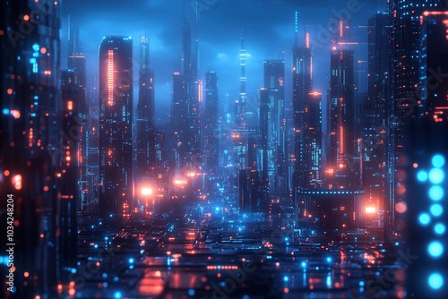 Wallpaper Mural Futuristic cityscape with neon lights and towering skyscrapers. A mesmerizing view of a digital and futuristic city during nighttime. Torontodigital.ca