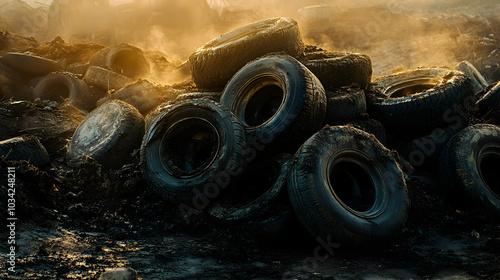 A Heap of Old Tires Covered in Dirt in an Abandoned Automotive Yard photo