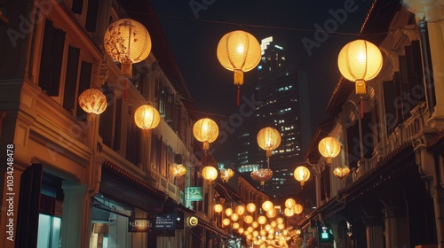 Colorful illuminated lanterns hanging over the streets of Singapore Chinatown during Lunar New Year celebrations.