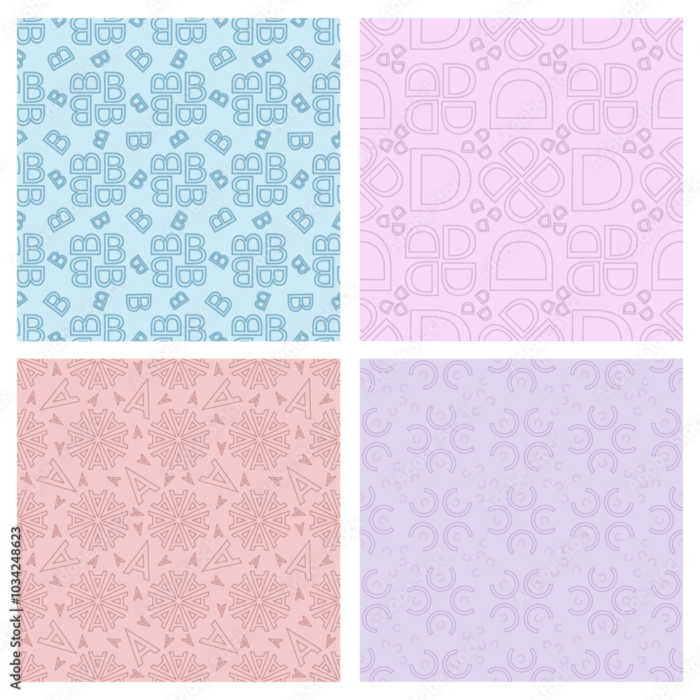 Set of abstract seamless patterns with letters A B C D in soft colors for backgrounds, wallpaper, social media, textile, cover. Set of abstract seamless patterns with letters A B C D in soft colors for backgrounds, wallpaper, social media, textile, cover.