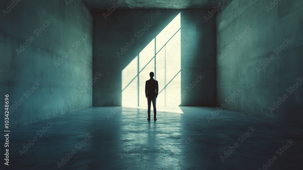 Silhouetted figure standing alone in a minimalist, abstract space with dramatic lighting. Silhouetted figure standing alone in a minimalist, abstract space with dramatic lighting.