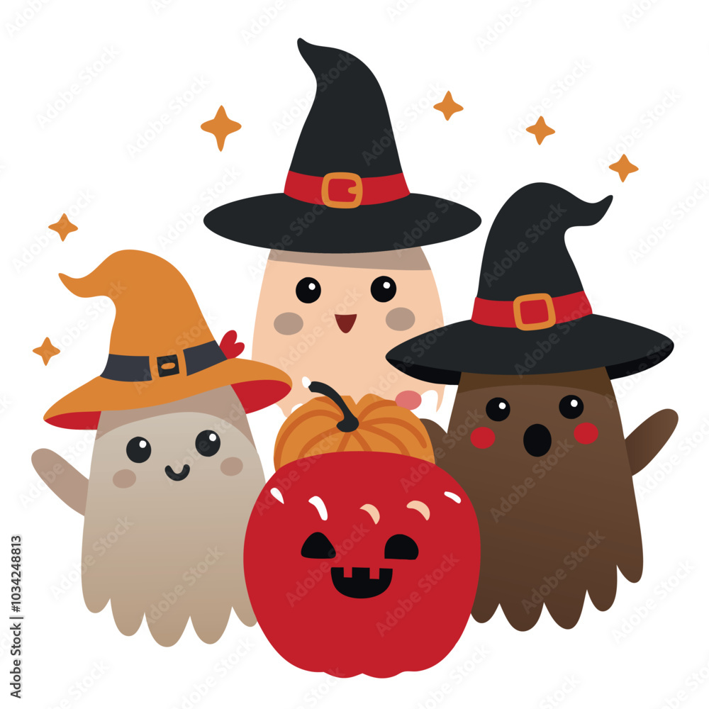 Ghosts in Witch Hats. A trio of friendly ghosts wearing witch hats, bringing Halloween magic and fun to any design! Ghosts in Witch Hats. A trio of friendly ghosts wearing witch hats, bringing Halloween magic and fun to any design!