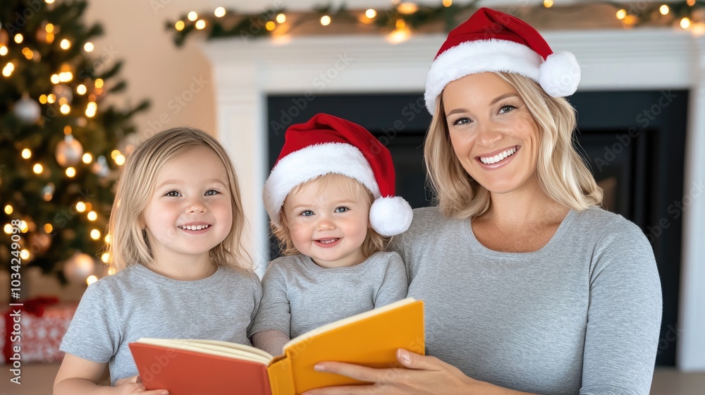A joyful mother and her children enjoying a cozy reading session by the fireplace with a beautifully decorated Christmas tree A joyful mother and her children enjoying a cozy reading session by the fireplace with a beautifully decorated Christmas tree