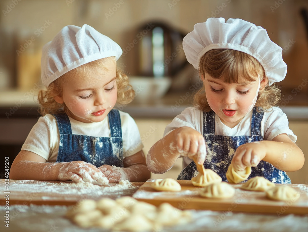 Young chefs enjoying a playful day making handmade dumplings in a cozy kitchen Young chefs enjoying a playful day making handmade dumplings in a cozy kitchen