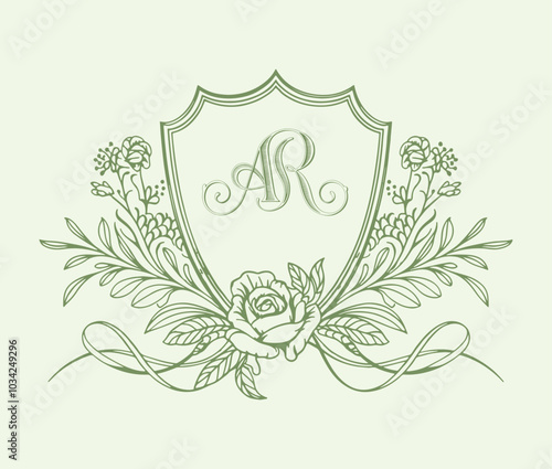 Wedding monogram crest design. Vintage wedding monogram design. AR wedding initial.

