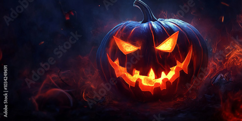 Spooky Halloween Jack-o'-Lantern with a Glowing Smile, Halloween background,Generated By Ai