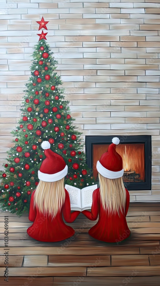 Obraz premium A festive holiday evening with mother and child reading by the fireplace in cozy red sweaters and Christmas hats