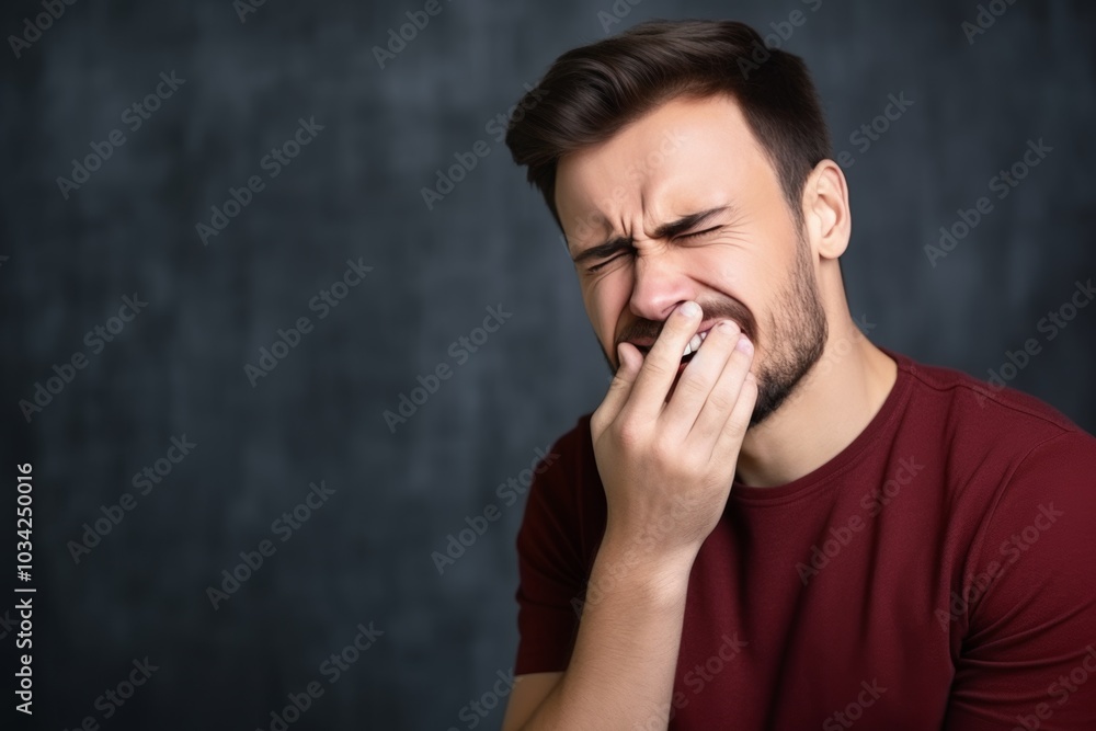A beautiful young woman is suffering from severe toothache, holding her hand to her cheek in distress. This moment emphasizes the importance of dental health and care A beautiful young woman is suffering from severe toothache, holding her hand to her cheek in distress. This moment emphasizes the importance of dental health and care