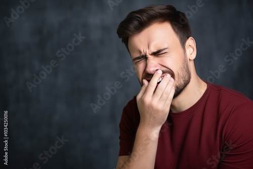 A beautiful young woman is suffering from severe toothache, holding her hand to her cheek in distress. This moment emphasizes the importance of dental health and care