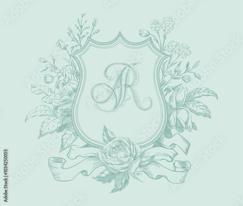 Wedding monogram crest design. Vintage wedding monogram design. AR wedding initial.

