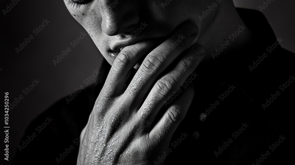 A close-up of a person's hand on their chin, conveying deep thought and contemplation in a moody monochrome style. A close-up of a person's hand on their chin, conveying deep thought and contemplation in a moody monochrome style.