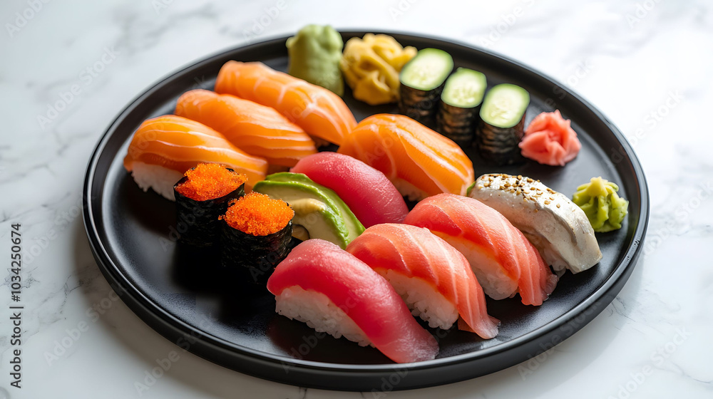 Vibrant sushi platter, fresh salmon and tuna nigiri, colorful avocado and cucumber, minimalist black plate, elegant marble backdrop, inviting culinary display Vibrant sushi platter, fresh salmon and tuna nigiri, colorful avocado and cucumber, minimalist black plate, elegant marble backdrop, inviting culinary display