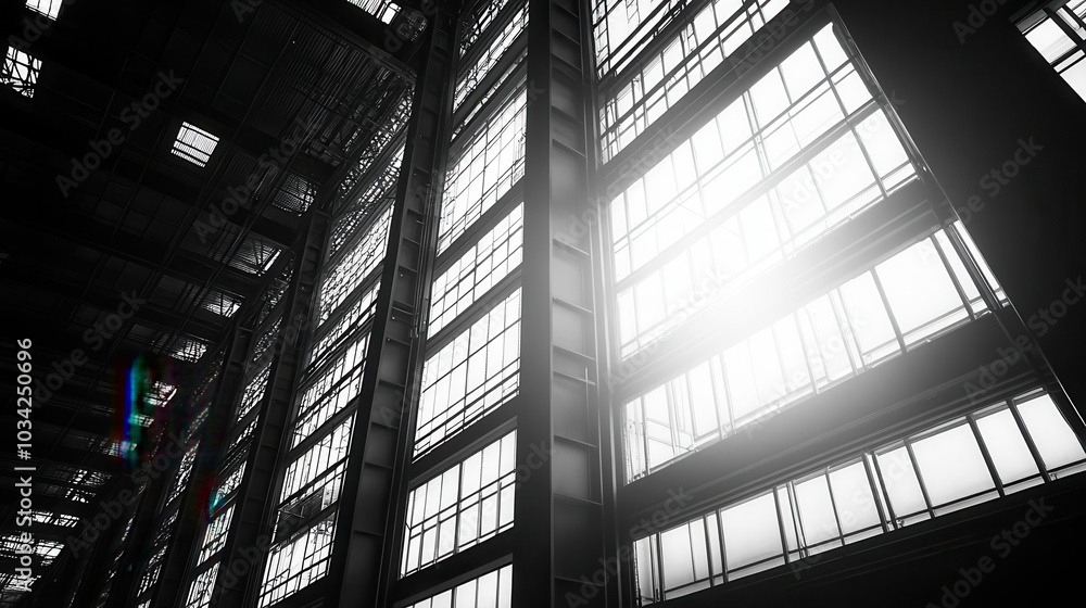 High-contrast black and white photo of modern architecture with sunlight streaming through large windows, offering a dramatic perspective. High-contrast black and white photo of modern architecture with sunlight streaming through large windows, offering a dramatic perspective.