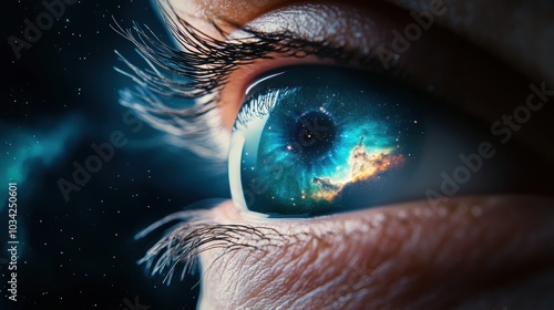 A giant, surreal eye, formed by swirling galaxies and nebulae, gazing out at the cosmos, its vision encompassing the universe secrets and mysteries.