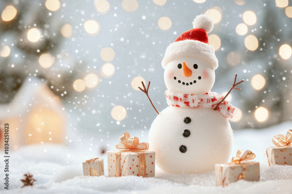 Fototapeta premium Snowman wearing a hat and scarf surrounded by gifts in a snowy winter scene