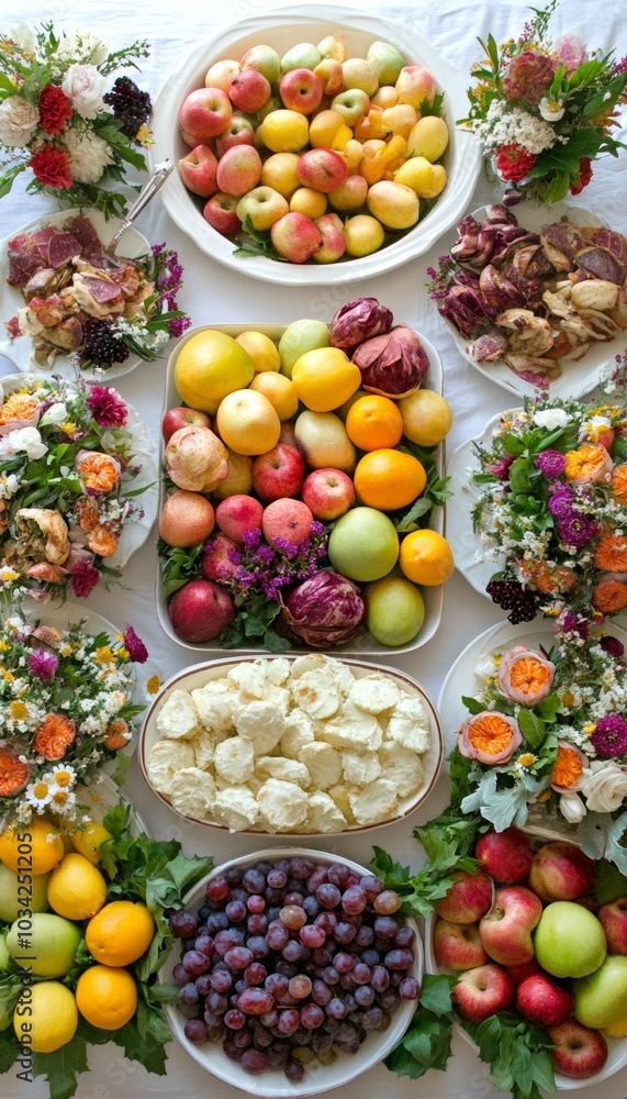 A table spread with a variety of fresh fruits, perfect for a summer gathering. A table spread with a variety of fresh fruits, perfect for a summer gathering.
