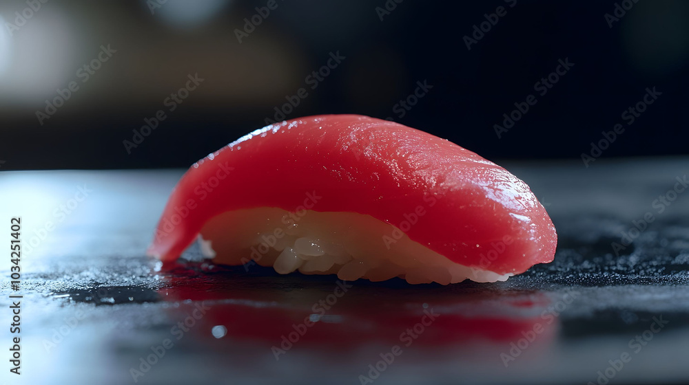 Elegant tuna sushi display, fresh ingredients, soft glow, black backdrop, minimalist style, authentic Japanese cuisine, high-quality presentation Elegant tuna sushi display, fresh ingredients, soft glow, black backdrop, minimalist style, authentic Japanese cuisine, high-quality presentation