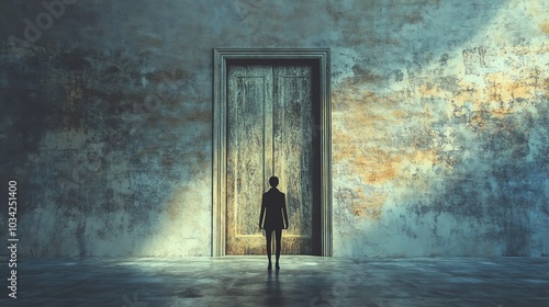 A figure standing before an ornate door in a dimly lit, textured room, evoking mystery and introspection. photo