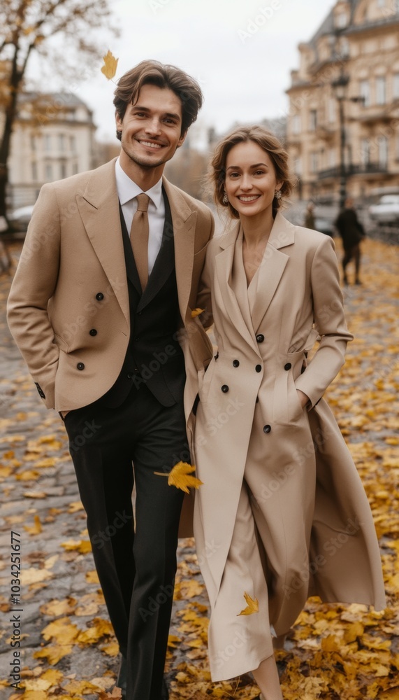 A couple strolls through a city street, the man in a tan suit and the woman in a matching coat, amidst a carpet of fallen leaves. A couple strolls through a city street, the man in a tan suit and the woman in a matching coat, amidst a carpet of fallen leaves.