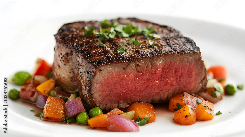 Vibrant Pan Seared Steak Display, showcasing rich textures and colors against a clean white backdrop for culinary appeal Vibrant Pan Seared Steak Display, showcasing rich textures and colors against a clean white backdrop for culinary appeal