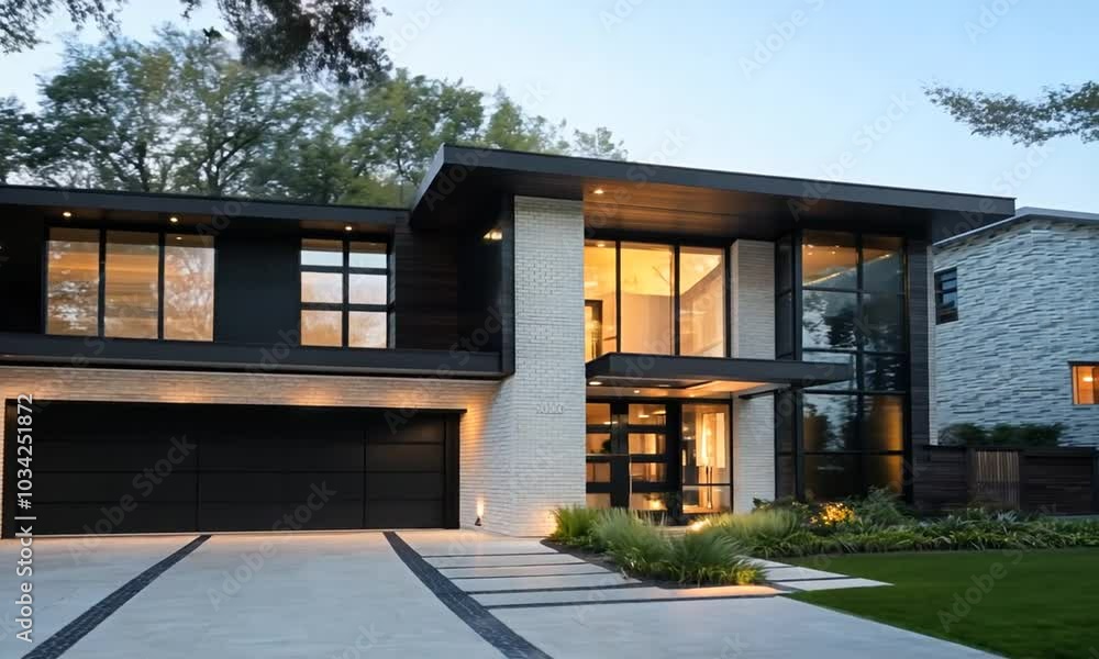 Modern house exterior with large windows and a garage door. Modern house exterior with large windows and a garage door.