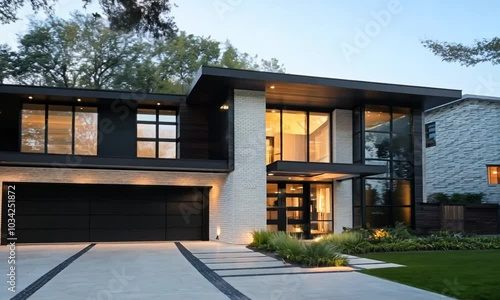 Modern house exterior with large windows and a garage door.