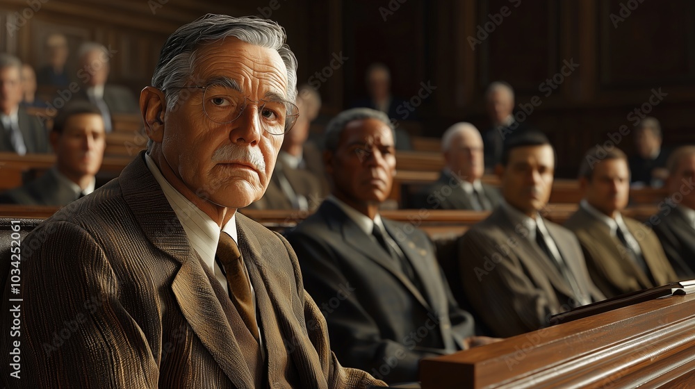 Elderly man engaged in thoughtful courtroom setting with diverse audience Elderly man engaged in thoughtful courtroom setting with diverse audience