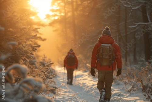 hikers walking through a snowy forest, wearing red jackets and winter gear. Sunlight glows through   trees, creating  serene, peaceful winter scene. Enjoying  beauty of nature and  tranquil hike. photo