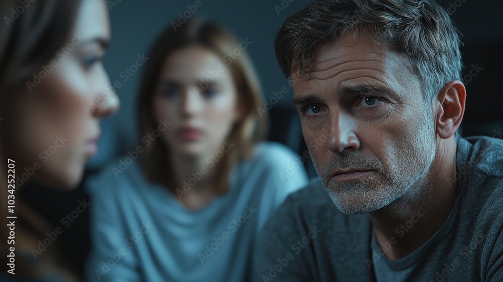 Tense conversation between three people in a dimly lit room Tense conversation between three people in a dimly lit room
