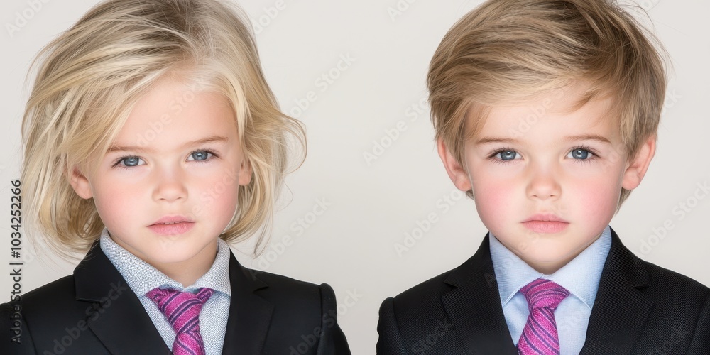 Twin Children In Suits Looking At The Camera Twin Children In Suits Looking At The Camera
