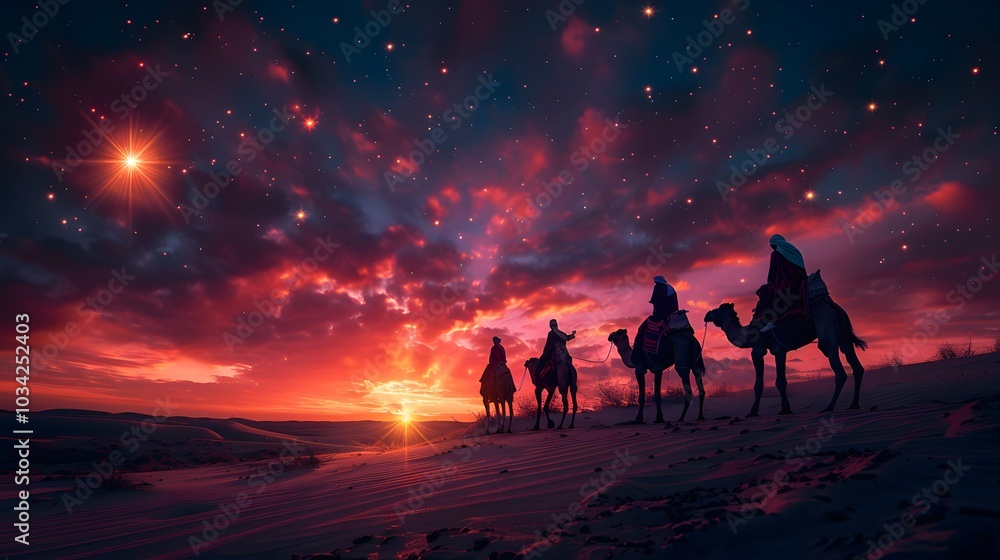 custom made wallpaper toronto digitalA cinematic view of astrologers on camels pointing at a radiant star, the twilight sky glowing with orange and purple tones, the desert bathed in soft light, long shadows on the dunes,