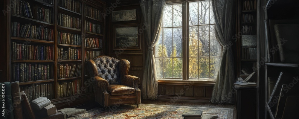 A cozy reading nook with a window, armchair, and bookshelves. A cozy reading nook with a window, armchair, and bookshelves.