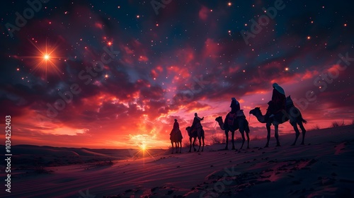 Wallpaper Mural A cinematic view of astrologers on camels pointing at a radiant star, the twilight sky glowing with orange and purple tones, the desert bathed in soft light, long shadows on the dunes, Torontodigital.ca