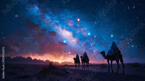 Wallpaper Mural A cinematic view of astrologers on camels, their outlines glowing under the light of the eastern star, the vast desert stretching into the distance, the night sky filled with stars, Torontodigital.ca