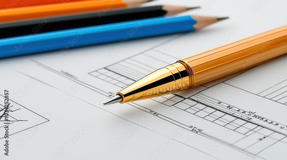 Gold Pen on Blueprint Paper with Pencils Gold Pen on Blueprint Paper with Pencils