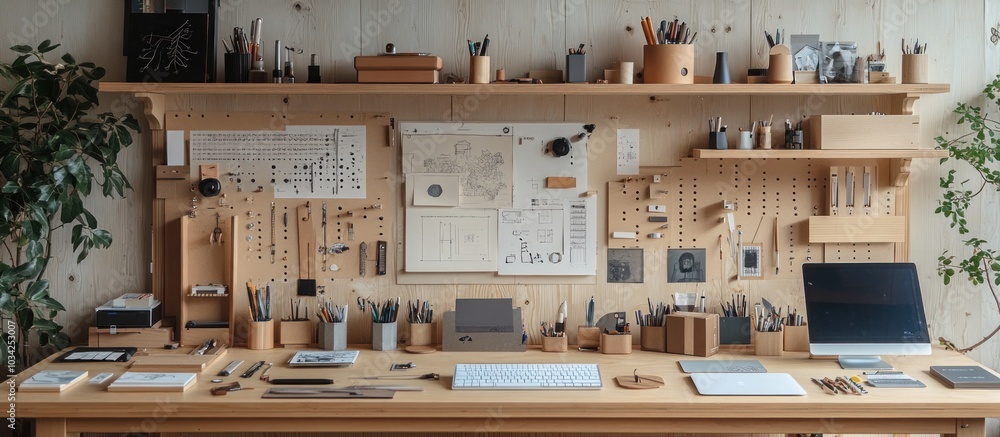 A clean and minimal workspace with a wooden desk, a laptop, and a pegboard wall with various tools and sketches. A clean and minimal workspace with a wooden desk, a laptop, and a pegboard wall with various tools and sketches.