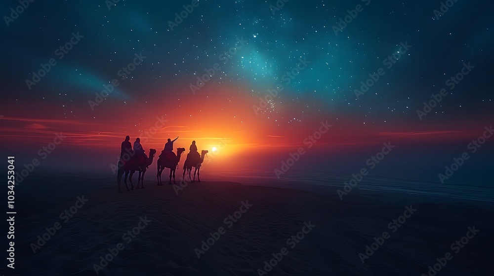 Fototapeta premium A dramatic scene of three astrologers on camels pointing toward a glowing star in the twilight sky, the colors of dusk spreading across the horizon,