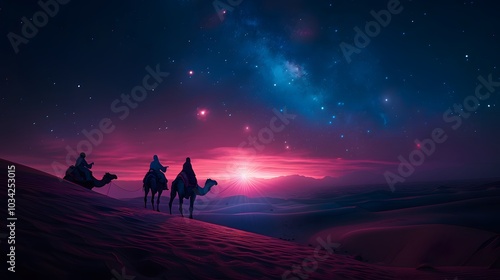 A dramatic scene of three astrologers on camels pointing toward a glowing star in the twilight sky, the colors of dusk spreading across the horizon,