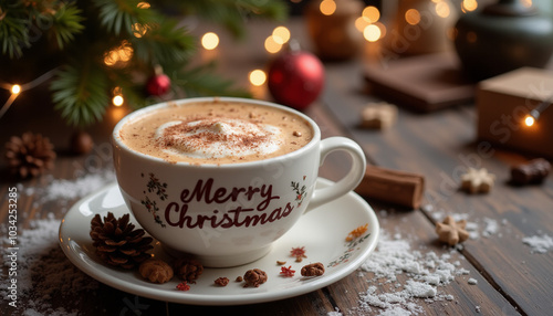 Cappuccino coffee cup with Merry Christmas text on winter holiday background